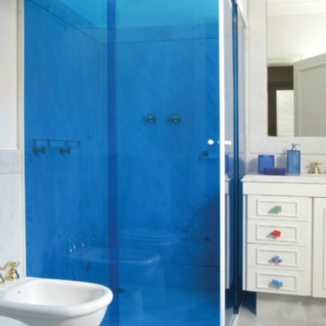 Bathroom with a blue decorative tint privacy decor